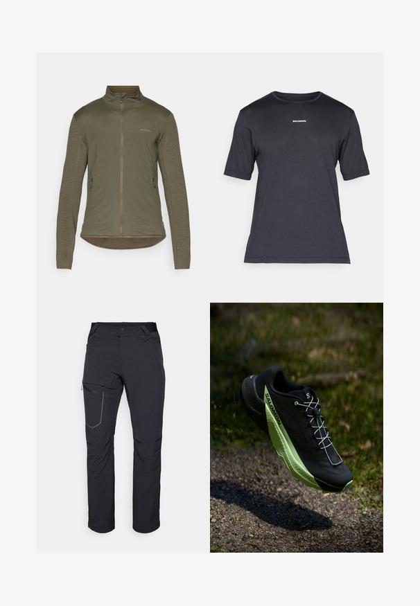 Casaco verde-oliva com fecho éclair, de mangas longas texturizadas, detalhes às riscas na bainha e dois bolsos laterais. Logótipo "SALOMON" no peito.; T-shirt de desempenho preta de manga curta, feita de tecido respirável, com decote redondo e pequeno logótipo branco "SALOMON" no peito.; Calças de exterior pretas com um bolso com fecho na coxa, cintura elástica e tecido liso e resistente à água. Design limpo, sem logótipos visíveis.; Sapatilha de corrida preta com uma superfície texturizada e detalhes em verde. Apresenta um design leve e uma sola única e padronizada para maior tração.