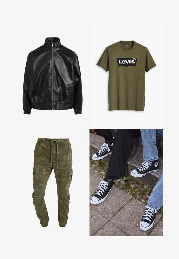 Redefined Rebel JACKET OVERSIZED FIT - Jachetă din imitație de piele - black; Tricou din bumbac verde măsliniu, cu un logo mare Levi's negru într-o formă semi-arcuată contrastantă pe piept. Croială regulară.; Pantaloni cargo verzi cu model camouflage, cu talie reglabilă prin șnur, manșete elastice și buzunare laterale. Fabricati dintr-un material durabil.; Sneakers negre din pânză până la glezne cu tălpi și șireturi albe, având un logo circular pe lateral și purtate cu blugi și pantaloni negri.