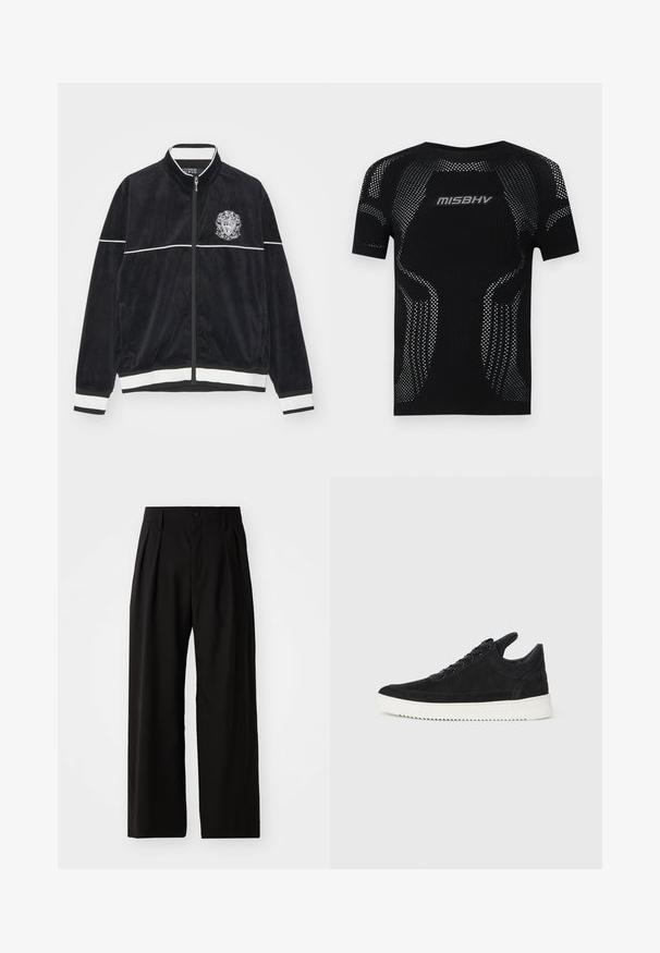 Billionaire Boys Club TRACK - Sportovní bunda - black; Černá krátká rukávová top s texturovaným pletením a síťovými detaily. Na přední straně se nachází stříbrné logo "MISBHV", což podtrhuje přiléhavý design.; Černé široké kalhoty s hladkou texturou, obsahující dva přední záhyby, zapínání na knoflík a boční kapsy. Odolná tkanina.; Černé semišové tenisky s bílou gumovou podrážkou, s tónovým prošitím a šněrováním. Hladký povrch s moderním, aerodynamickým tvarem.