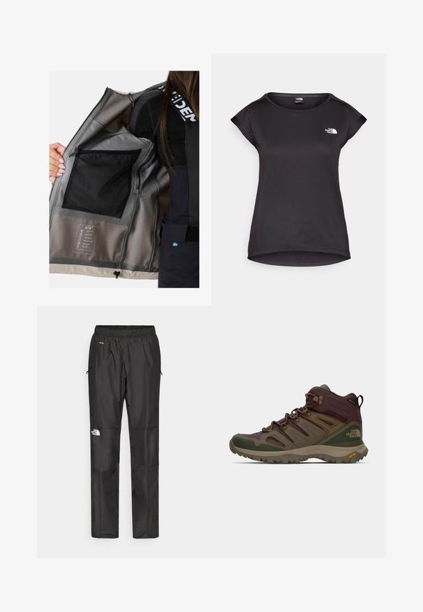Innenansicht einer wasserdichten Jacke mit grauem Netzstoff, mehreren Taschen und einem Etikett, das Eigenschaften wie Atmungsaktivität und Winddichtigkeit beschreibt.; The North Face TANKEN TANK - Sport T-Shirt - black; Schwarze wasserdichte Hose aus leichtem Material, mit elastischem Bund, Seitentaschen und einem Logo am linken Bein.; Braune und grüne Wanderstiefel mit Netzpaneelen, Gummisohle und Stützelementen. Enthält eine strukturierte Oberfläche und ein ausgeprägtes Schnürsystem.