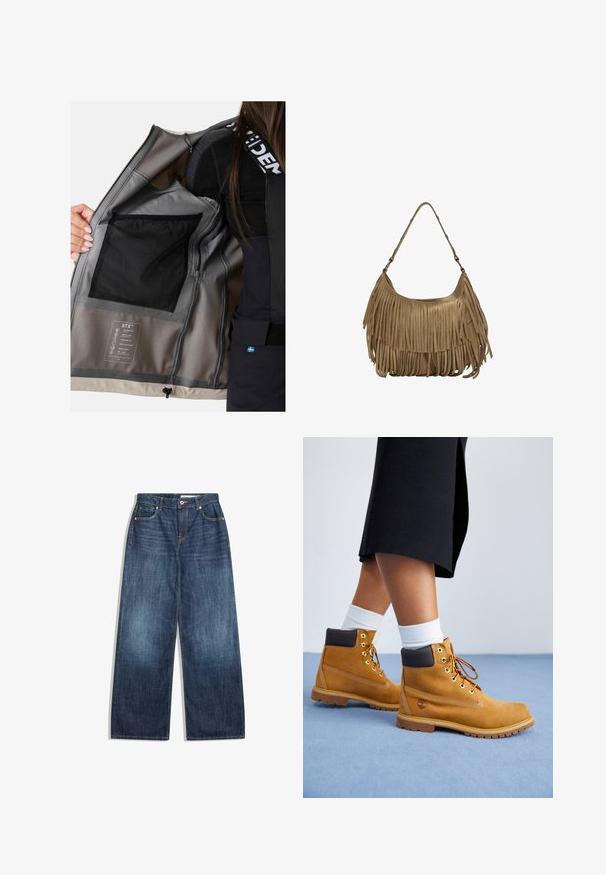 Interno della giacca impermeabile con tessuto a rete grigio, molteplici tasche e un'etichetta che descrive caratteristiche come traspirabilità e antivento.; Body marrone con spalline sottili regolabili e bordo in pizzo su una profonda scollatura a V. Tessuto liscio, design aderente e gambe alte.; Jeans a gamba larga in denim blu scuro, con cinque tasche, cuciture chiare e chiusura con bottone in vita.; Stivali alla caviglia in suede beige con accenti in pelle marrone, occhielli dorati e suola testurizzata. Calzini bianchi visibili sopra gli stivali.; Borsa a tracolla in suede marrone con lunghi dettagli in frange, forma curva e una singola tracolla. Presenta una superficie liscia e testurizzata.