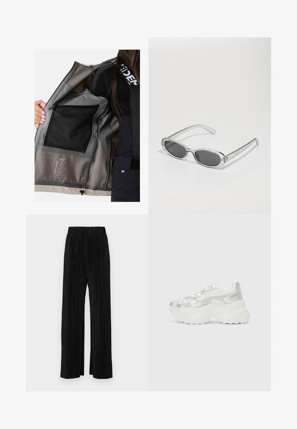 Waterdichte jas binnenkant met grijze meshstof, meerdere zakken en een label met kenmerken zoals ademend vermogen en winddichtheid.; Zwarte T-shirt van katoen, met korte mouwen over een witte lange mouw laag met een subtiel textuurpatroon. Ronde hals ontwerp.; Zwarte geplooide broek met een elastische tailleband. Beschikt over wijde pijpen en een glad, gestructureerd stof met verticale strepen.; Zilveren sneaker met een gestructureerde mesh bovenkant en iriserende accenten, voorzien van een chunky witte zool en vetersluiting.; Zonnebril met een ovale vorm, helder plastic montuur, donkergrijze glazen en dunne transparante pootjes met logo-accenten en minimale details.