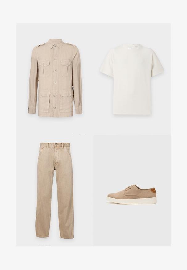 Beidzēti lins krekls ar pogu priekšpusi, divām krūšu kabatām un garām piedurknēm. Iekļauj plecu epauletes un klasisku apkakli.; Balta krūštura īsām piedurknēm ar ribota auduma faktūru. Apaļš kakla izgriezums, brīvs griezums, bez redzamām rakstām vai akcentiem. Vienkāršs un daudzpusīgs dizains.; Beige džinsi ar taisnu kāju dizainu, ar priekšējiem kabatām, metāla pogu aizdari un smalku faktūru.; Beige zamšādas kedas ar noapaļotu purngala daļu, auklēm saplacinātu priekšpusi un teksturētu aizmugures akcentu. Balta gumijas zole nodrošina kontrastu. Vienkāršs un mūsdienīgs dizains.