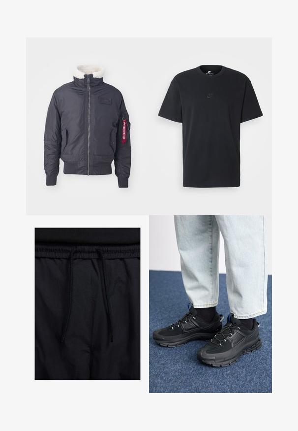 Melnā izolētā bomber jaka ar mākslīgā kažokāda apdari ap kaklu, priekšējo rāvējslēdzēju, sānu kabatām, ribotiem piedurkņu galiem un sarkanu auduma zīmi uz piedurknes.; Nike melns kokvilnas T-krekls ar klasisku piegriezumu, īsām piedurknēm un smalku, reljefu logotipu uz krūškurvja. Gluda tekstūra.; Melni šorti ar sašūtu jostu, viegls audums ar gludu tekstūru un vienkāršs dizains bez redzamiem logotipiem vai paraugiem.; Melni sporta apavi ar strukturētu audumu un gumijas zoli, ar elastīgām auklām un zilu akcentu uz papēža. Nēsāti ar gaišām džinsu biksēm.