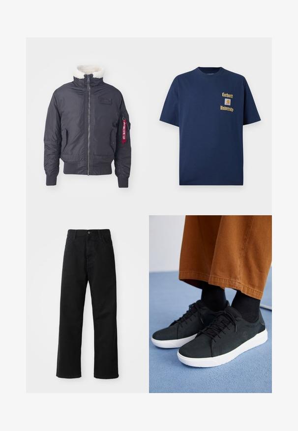 Fekete szigetelt bombázó dzseki műszőrmével a gallérján, elöl cipzárral, oldalsó zsebekkel, bordás mandzsettákkal és egy piros szövet címkével az ujjon.; Sötétkék pamut póló rövid ujjal, arany színű "Carhartt University" felirattal és logóval a bal mellen.; Fekete farmernadrág egyenes szabással, elülső zsebekkel, cipzáras flyal és egy felső gombbal. Strukturált anyag matt felülettel.; Fekete velúrbőr sneaker fehér gumitalppal, fűzős dizájnnal, texturált részletekkel és diszkrét márkázással, barna nadrággal párosítva.