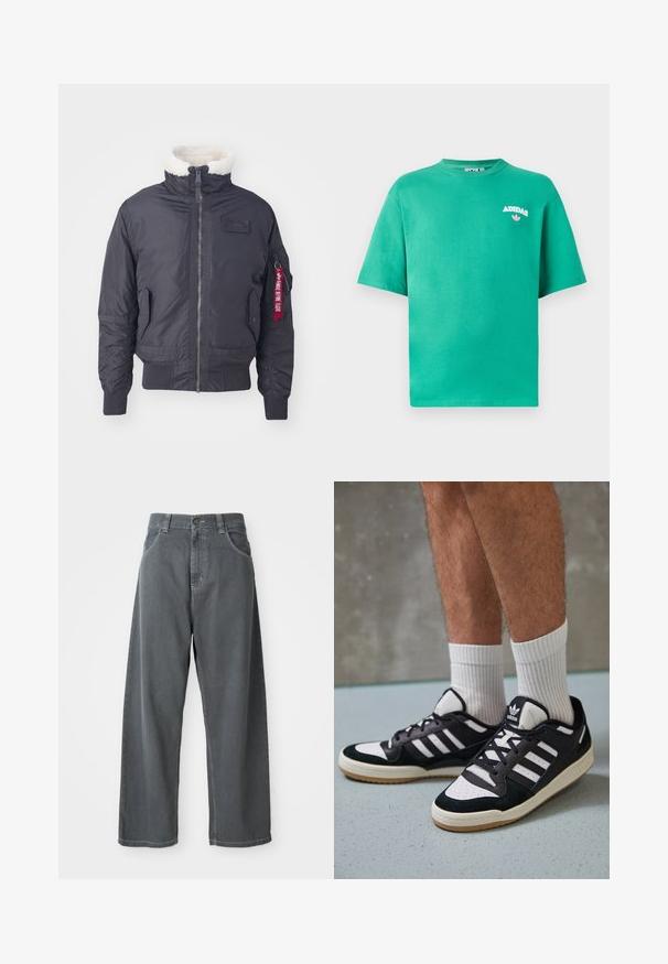 Fekete szigetelt bombázó dzseki műszőrmével a gallérján, elöl cipzárral, oldalsó zsebekkel, bordás mandzsettákkal és egy piros szövet címkével az ujjon.; Zöld pamut póló kerek nyakkivágással, rövid ujjakkal, a mellkasán hímzett "ADIDAS" logóval, amely alatt virágos díszítés található.; Szürke farmer széles lábú nadrág magas derékkal, elülső zsebekkel, övhurkokkal és gombos záródással a derékban.; Fekete-fehér tornacipők velúr és bőr felsőrésszel, három fehér csíkkal, perforált orral és gumi talppal.