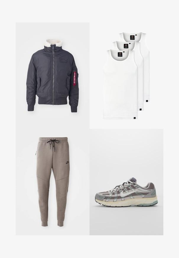 Juodas izoliacija turintis bomberio tipo švarkas su dirbtiniu kailiniu apykakle, priekinis užtrauktukas, šoninės kišenės, guminiai rankogaliai ir raudonas audinio etiketas ant rankovės.; Trys balti, dryžuoti marškiniai be rankovių, pagaminti iš medvilnės. Yra apvalus kaklas ir maži juodi etiketės netoli siūlės. Siūlomi įvairių dydžių.; Pilkos Nike kelnės su raišteliu liemenyje, siaurėjančiomis kojomis, šoninėmis kišenėmis ir išskirtiniais siūlų detalėmis. Minkšta, tekstūruota medžiaga.; Pilkas sportinis batas su tinklu ir zomšos viršutine dalimi, baltomis detalėmis, paminkštintu padu ir išskirtiniu dizainu su atspindinčiais elementais.