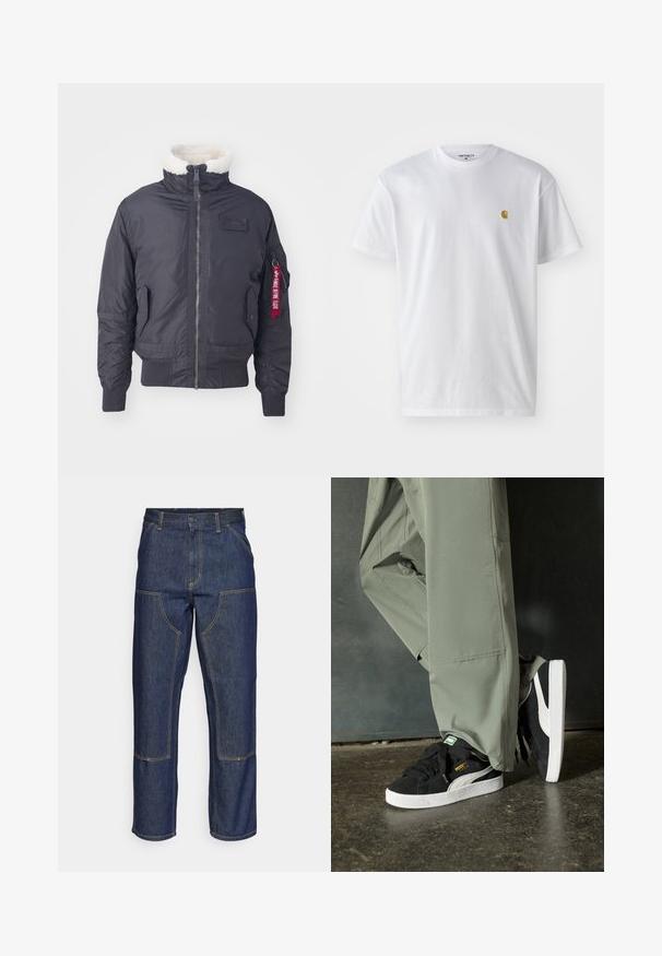 Sort isoleret bomberjakke med en faux fur krave, frontlynlås, sidelommer, ribbede manchetter og et rødt stofmærke på ærmet.; Hvid bomulds t-shirt med korte ærmer, rund hals og et lille guld logo på venstre brystområde. Blød tekstur og almindelig pasform.; Mørkeblå denim jeans med høj talje, lige ben-design, kontrastsyninger og lappelommer foran.; Sorte ruskinds sneakers med hvide gummisåler og sidestreger, parret med lysegrønne cargo bukser, stående på en struktureret mørk overflade.