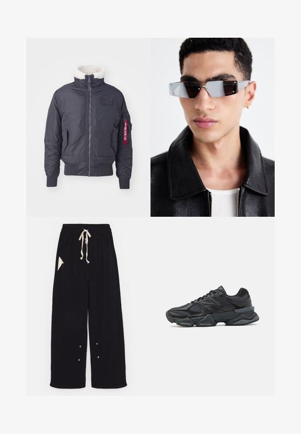 Crna izolirana bomber jakna s umjetnim krznom oko vrata, prednjim zipom, bočnim džepovima, rebrastim manžetama i crvenom oznakom od tkanine na rukavu.; Crna kratka majica s kratkim rukavima od pamuka, s okruglim izrezom i ležernim krojem. Glatka tekstura s minimalnim detaljima šivanja.; Crne široke hlače izrađene od mekog materijala s pojasom na vezanje, bočnim džepovima i trokutastim akcentom džepa. Uključeni su detalji od srebrne boje.; Crne trkačke tenisice izrađene od kombinacije mrežastih i sintetičkih materijala, s debelim potplatom, zakrivljenim dizajnom i istaknutim brendom sa strane.; Angular sunčane naočale sivo-smeškanih tonova sa srebrnim detaljima, postavljene na svijetloj pozadini. Stakla imaju jedinstven geometrijski oblik.
