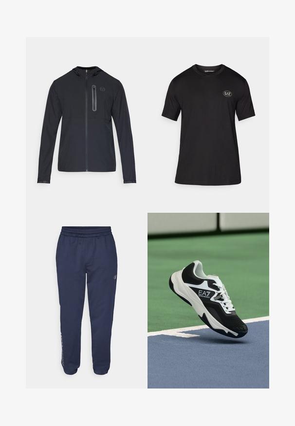 Fekete, könnyű kapucnis dzseki, teljes elülső cipzárral és függőleges cipzáras zsebbel a bal mellrészen, amelyen egy kicsi kör alakú logó található.; Fekete, rövid ujjú póló, puha anyagból készült, kerek nyakkivágással és egy kis fehér logóval a bal melle részén.; Sötétkék melegítőnadrág puha anyagból, húzózsinórral ellátott derékkal, oldalsó zsebekkel és a bal lábszáron elhelyezett logóval.; Fekete-fehér EA7 Emporio Armani sportcipő, amely a kék és zöld teniszpálya vonalai fölött lebeg.