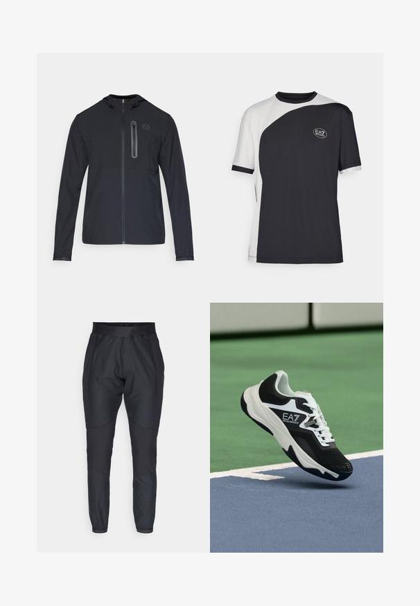 Melna viegla kapucēta jaka ar pilnu priekša rāvējslēdzēju un vertikālu rāvējslēdzēja kabatu kreisajā krūtīs, ar mazu apļa logo.; Īsām piedurknēm T-krekls ar divu toņu dizainu melnā un baltā krāsā, ar gludu faktūru un EA7 logotipu priekšpusē.; Melni sporta bikses ar sašaurinātiem galiem, elastīgu jostasvietu un kontrastējošām tekstūrētām ieliktņiem. Piedāvā logotipa detaļas pie potītēm.; Melnā un baltā krāsā EA7 Emporio Armani sporta apavi, kas karājas virs zila un zaļa tenisa korta līnijām.