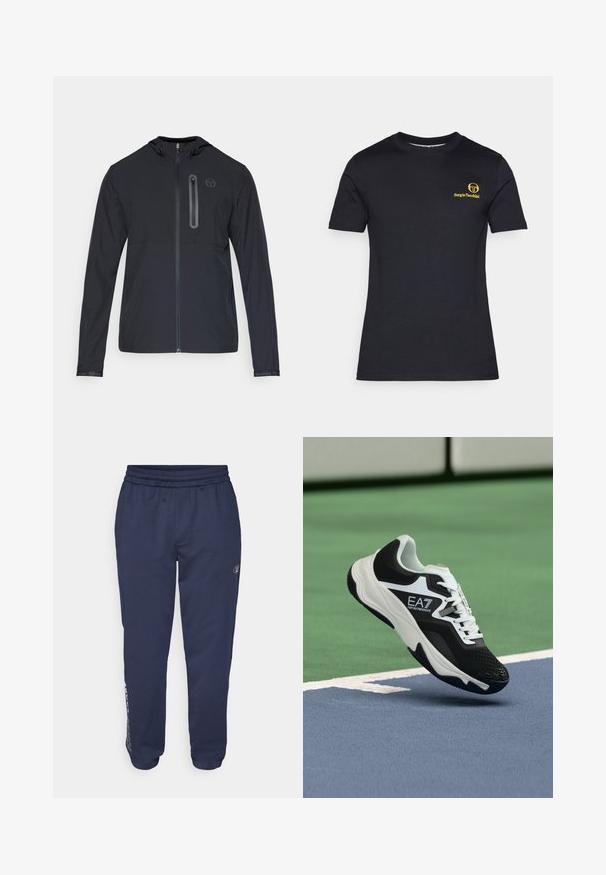 Fekete, könnyű kapucnis dzseki, teljes elülső cipzárral és függőleges cipzáras zsebbel a bal mellrészen, amelyen egy kicsi kör alakú logó található.; Fekete, rövid ujjú póló pamutból. A bal mellen sárga logó található. Klasszikus, kerek nyakkivágás, sima tapintás.; Sötétkék melegítőnadrág puha anyagból, húzózsinórral ellátott derékkal, oldalsó zsebekkel és a bal lábszáron elhelyezett logóval.; Fekete-fehér EA7 Emporio Armani sportcipő, amely a kék és zöld teniszpálya vonalai fölött lebeg.