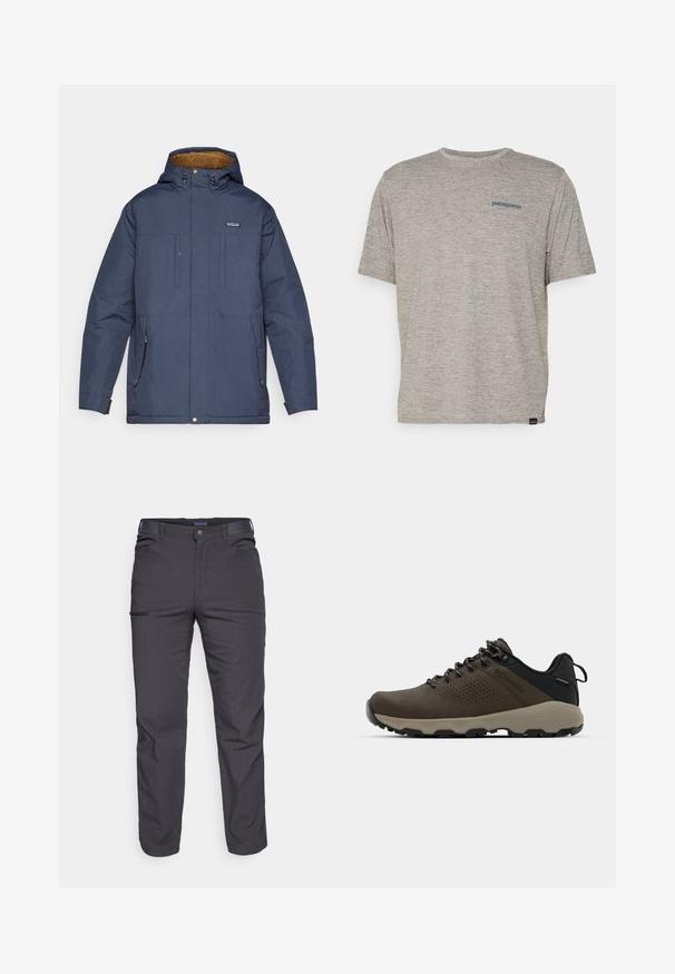 Casaco isolado azul-marinho com capuz forrado a pelo, bolsos frontais e fecho com zíper. Apresenta ferragens robustas e um corte descontraído.; Camiseta cinza de manga curta feita de um tecido suave e texturizado, com um pequeno logo azul da Patagonia no lado esquerdo do peito. Sem padrões adicionais.; Calças cinza-escuras feitas de um tecido durável, com um bolso com fecho éclair, corte reto e passantes para cinto para um ajuste ajustável.; Ténis impermeáveis castanhos com um upper texturizado, detalhes perfurados, apoio para o calcanhar preto e uma sola de borracha cinza. Os atacadores têm extremidades metálicas.