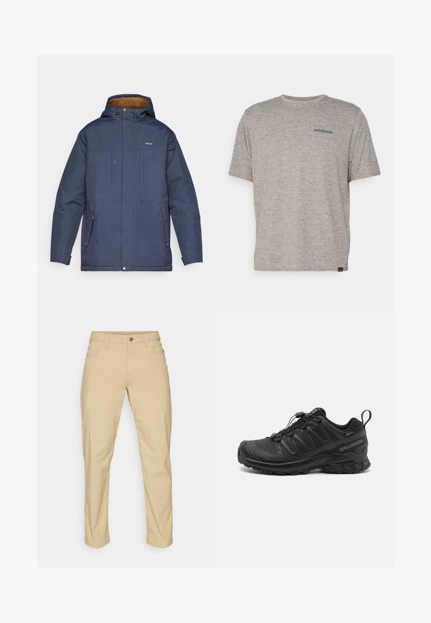 Marineblå isolert jakke med hette foret med pels, frontlommer og glidelås. Har robuste detaljer og en avslappet passform.; Grå kortermet t-skjorte laget av mykt, teksturert stoff med en liten blå Patagonia-logo på venstre bryst. Ingen ekstra mønstre.; Patagonia QUANDARY PANTS - Friluftsbukser - classic tan; Svart sportsko med en teksturert syntetisk overdel, polstret såle og et hurtiglenkesystem. Har forsterket tå og hæl.