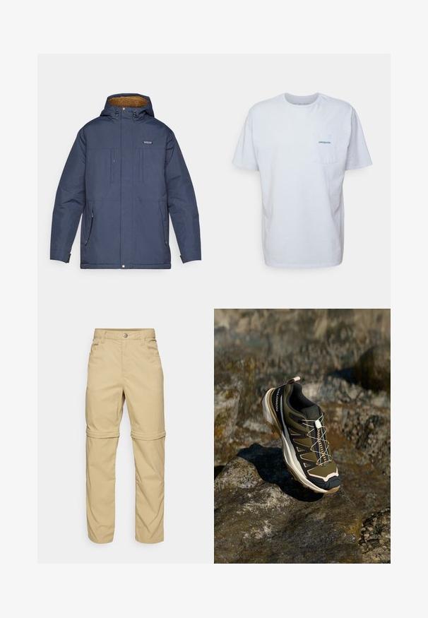 Chaqueta aislante de color azul marino con capucha forrada de piel, bolsillos delanteros y cierre de cremallera. Cuenta con herrajes resistentes y un corte relajado.; Camiseta de algodón blanca de manga corta, con cuello redondo y un bolsillo en el pecho izquierdo que presenta un logotipo azul de "Patagonia". Corte clásico con una textura suave.; Pantalones beige desmontables con una textura suave, que presentan dos bolsillos laterales, un cierre de botón y puños enrollables para mayor versatilidad.; Zapato de senderismo en verde oliva y negro con toques de rosa. Cuenta con una parte superior texturizada, suela flexible, capuchón de punta reforzado y un sistema de cordones colorido.