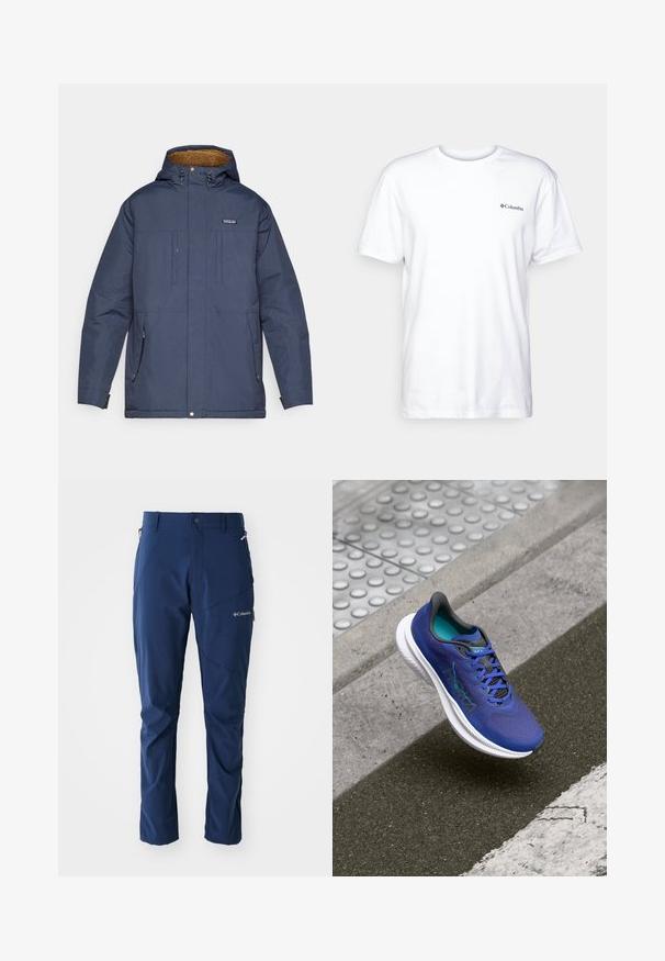 Temno modra izolirana jakna s kapuco obloženo s krznom, sprednjimi žepi in zadrgo. Ima trdno opremo in sproščen kroj.; Bela bombažna majica s kratkimi rokavi, okrogli izrez in majhna črna Columbia oznaka na levem prsnem delu. Mehka, enostavna zasnova.; Columbia COLUMBIA TECH™ PANT - Hlače za na prostem - collegiate navy; Modra tekaška obutev s teksturirano zgornjo plastjo in mrežastimi detajli, bela srednja podloga in črni poudarki. Zavezovanje z vrvico z izrazitim logotipom.