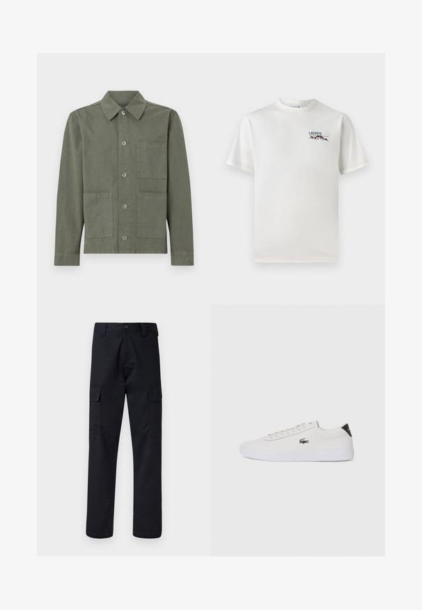 Olive green jacket made of cotton, featuring a pointed collar, button closure, and two front patch pockets. Smooth texture, casual design.; White cotton T-shirt with a round neckline, short sleeves, and a small embroidered logo featuring mountains and text on the left chest.; Black cargo pants made of sturdy fabric, featuring a straight-leg cut, two side pockets, and a button closure at the waistband.; White leather sneaker with round toe, lace-up front, and black heel accent. Features a small embroidered crocodile logo on the side.