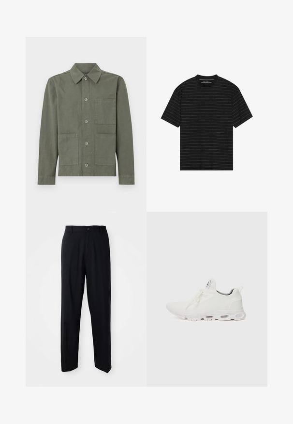 Olivengrønn jakke laget av bomull, med spiss krage, knappelukking og to frontlommeposter. Glatt tekstur, uformell design.; Svart t-skjorte med kort erme som har tynne hvite horisontale striper. Laget av mykt stoff med rund hals og avslappet passform.; Sorte rett-bente bukser med beltehemper, knappeforing og et elegant, minimalistisk design på en nøytral bakgrunn.; Hvite atletiske sko med et teksturert strikket overdel, flate snører og en polstret såle med synlige luftkamre for ekstra støtte.