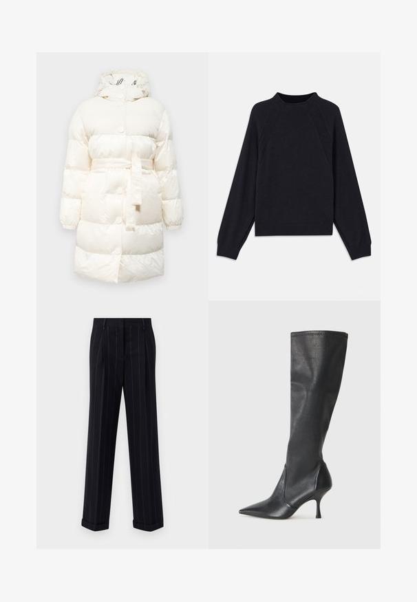 Vit pufferjacka med huva, som har ett bälte i midjan, ribbade detaljer och tryckknappar. Slät, glänsande textur med quiltat mönster.; Mörkblå tröja med rund halsringning, långa raglanärmar, ribbade mudd och rak nederkant. Tillverkad av ett mjukt, texturerat stickat material.; Svarta randiga byxor med skräddarsydd passform, med uppvikta fållar och frontveck. Tillverkade av ett mjukt tyg med en strukturerad design.; Knähöga svarta läderstövlar med spetsig tå och smal stilettklack. Slät textur med en åtsittande design och sömnad vid övre kanten.