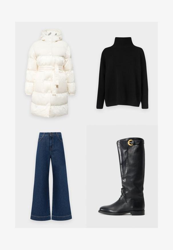 Bílá péřová bunda s kapucí, se staženým pasem, žebrovanými detaily a patentkami. Hladký, lesklý povrch s prošívaným vzorem.; Černý pletený svetr s vysokým žebrovaným límcem, spadlými rameny a volnějším střihem. Má žebrované manžety a lem pro texturu.; Široké modré džíny s vysokým pasem, se zapínáním na knoflík, poutky na opasek a jemnými stehy podél kapes a lemů.; Černé kožené vysoké boty po kolena s kulatou špičkou, šněrováním v přední části, bočním detailem a zlatou přezkou na vrchu. Hladký povrch.