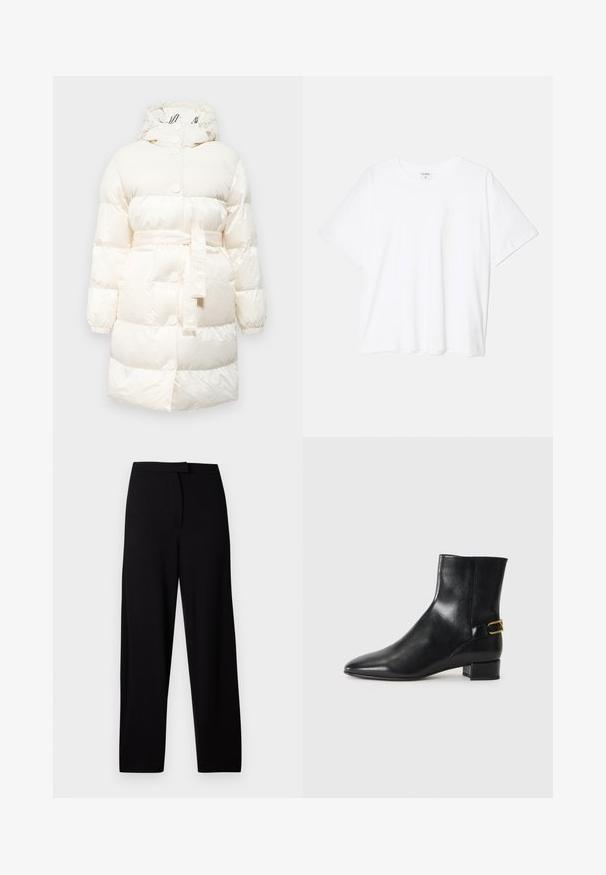 Hvid puffermantel med hætte, der har en bælte i taljen, ribbede detaljer og trykknapper. Glat, skinnende tekstur med quiltet mønster.; Hvid bomulds-t-shirt med korte ærmer, rund halsudskæring, afslappet pasform og stitched søm. Mærket er synligt indeni halsen.; Sorte bukser med brede ben lavet af blød, strækbar stof. Har en glat talje og ingen synlige sømme eller lommer. Enkel og alsidig design.; Sort læder ankelstøvle med spids tå, blokhæl og en dekorativ guldbuckle-accent på bagsiden. Glat tekstur, minimalistisk design.