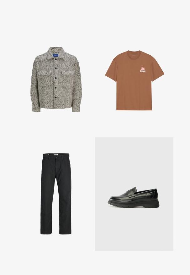 Textúrás, barna és krém mintás ingdzseki klasszikus gallérral, gombos záródással és két elülső zsebbel. Hosszú ujjak jellemzik.; Barna, rövid ujjú pamut póló, pink napgrafikával és "SOLAR" felirattal a bal mellen. Kerek nyakú dizájn.; Fekete nadrág tartós anyagból, egyenes szárú kialakítással, varrott díszítésekkel és két elülső zsebbel a funkciók érdekében.; Fekete bőr loaferek gumitalppal. A dizájn kiemeli a varrott felsőrészt és a széles pántot a lábfej fölött. Sima textúra, modern forma.