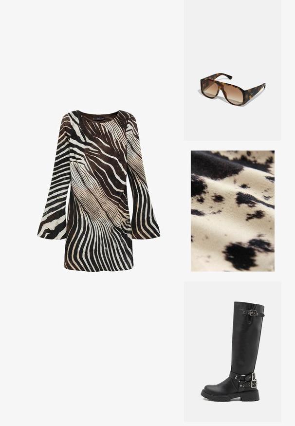 Tissu en coton avec une base crème parsemée de taches noires irrégulières ; texture lisse avec un léger brillant, mettant en valeur le contraste des motifs.; Robe à manches longues en marron et crème avec un motif de rayures zébrées. Textile doux, manches évasées et encolure ronde.; RAID WESTINN - Bottes à plateau - black; Lunettes de soleil en écaille de tortue épaisses avec des verres dégradés marron ; forme rectangulaire et côtés plats. Logo gravé sur la branche.; Sac à main en cuir noir avec poignées tressées, surface texturée, poche frontale zippée et accents de franges décoratives. Forme compacte et structurée.
