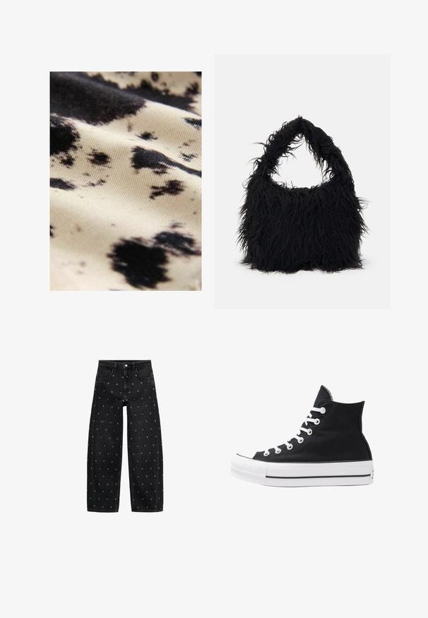 Bombažna tkanina z kremno osnovo in nepravilnimi črnimi pikami; gladka tekstura z rahlim sijajem, ki poudarja kontrast vzorcev.; Bela skrajšana bluzica s napihnjenimi kratkimi rokavi in elastičnim nabranim ovratnikom, pasom in manšetami rokavov.; Črne široke kavbojke iz denima z vzorcem manjših srebrnih gromet, klasičnega pet-pocket dizajna in sprednjim zapiranjem na gumb.; Visoke črne platnene superge z belimi režami, vezalkami in gumijastim podplatom. Ponašajo se z teksturiranim zaščitnikom za prste in črno-belimi črtami.; Even&Odd Torba za nakupovanje - black