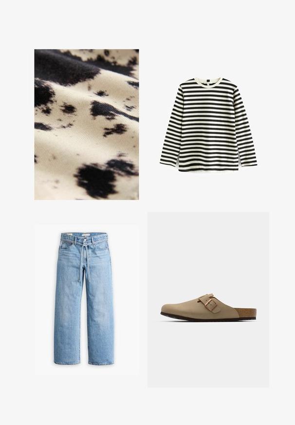 Bavlněná tkanina s krémovým podkladem a nepravidelnými černými skvrnami; hladký povrch s mírným leskem, zdůrazňující kontrast vzorů.; Dlouhý rukáv bavlněné tričko s vodorovnými černobílými pruhy, kulatý výstřih a jemná textura. Bez viditelného kovového doplňku nebo akcentů.; Světle modré džínové široké kalhoty s vysokým pasem, zapínáním na knoflík a zip, a šňůrkou v pase. Obroušené zakončení.; Bežové dřeváky s kulatou špičkou, nastavitelným sponovým detailem a korkovou stélkou. Texturovaný povrch s černou gumovou podrážkou pro lepší přilnavost.