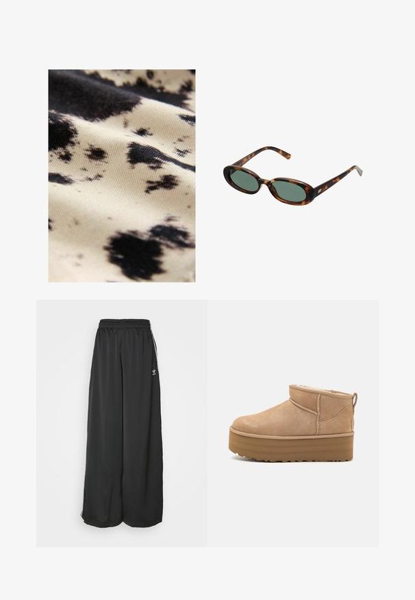 Tessuto di cotone con base crema e macchie nere irregolari; texture liscia con una leggera lucentezza, che mette in risalto il contrasto nei motivi.; Tre maglie a manica lunga nei colori azzurro chiaro, nero e bianco. Il design presenta un collo rotondo e una texture di tessuto morbido e leggero.; Pantaloni da jogging neri, morbidi e larghi, realizzati in tessuto liscio. Presentano una vita elasticizzata e strisce laterali con accenti di logo.; Stivaletti alla caviglia in suede beige con un interno morbido, dotati di suola platform e di una linguetta sul retro per una facile indossabilità. Suola in gomma texturizzata.; Occhiali da sole tartarugati con montatura ovale e lenti verdi. Presentano aste sottili con un accento metallico vicino alle cerniere.; Even&Odd Shopping bag - black