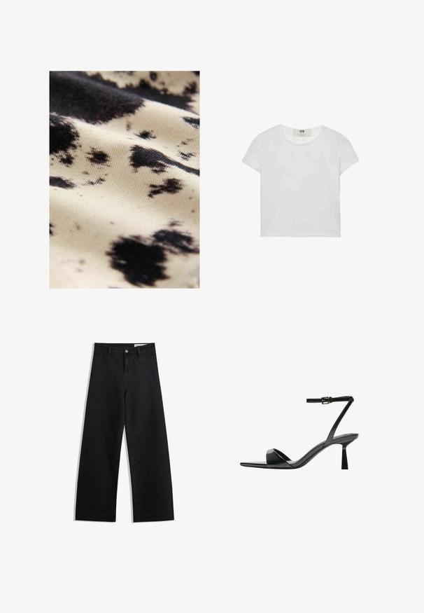 Bavlnená tkanina so smotanovým základom a nepravidelnými čiernymi škvrnami; hladká textura s jemným leskom, ktorá zvýrazňuje kontrast v vzoroch.; Biele tričko s krátkym rukávom a okrúhlym výstrihom, vyrobené z mäkkého bavlneného materiálu, s jednoduchým a čistým dizajnom bez viditeľných vzorov alebo doplnkov.; Čierne denimové nohavice s širokými nohavicami a vysokým pásom, so prednými a zadnými vreckami, šitými švami a zapínaním na gombík. Hladká textúra.; Bershka Sandále na vysokom opätku - black