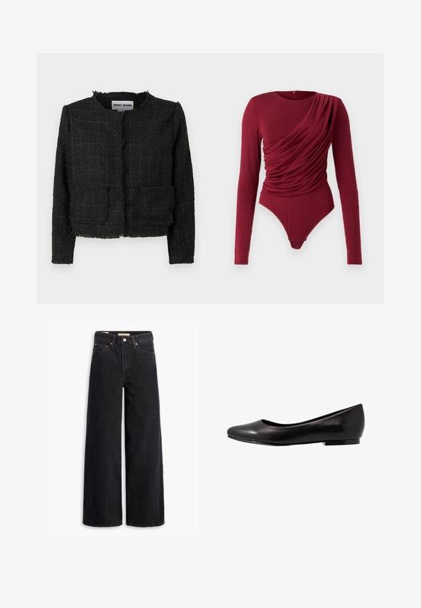 Black woven jacket with a textured finish, frayed edges, and two front pockets. Featuring a round neckline and open front design.; Long-sleeve bodysuit in deep red, featuring draped fabric, scoop neck, and snap closure at the bottom, made from soft stretch material.; Black wide-leg jeans made of denim, featuring five pockets, copper rivets, and a classic button closure. Smooth texture with a clean design.; Black ballet flat made of glossy leather with a rounded toe and low, flat sole. Has a smooth texture with a simple and sleek design.