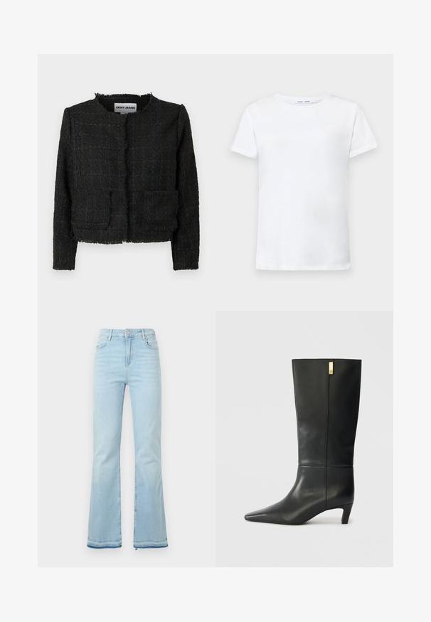 Black woven jacket with a textured finish, frayed edges, and two front pockets. Featuring a round neckline and open front design.; White short-sleeve t-shirt made of cotton with a crew neck design. Smooth texture and straight cut, no patterns or accents.; Light blue flared jeans made of denim, featuring a high waist, front pockets, and a raw hem at the cuffs for a casual look.; Black leather knee-high boot with a pointed toe and a small heel. Features a sleek design with a gold accent detail. Smooth texture.