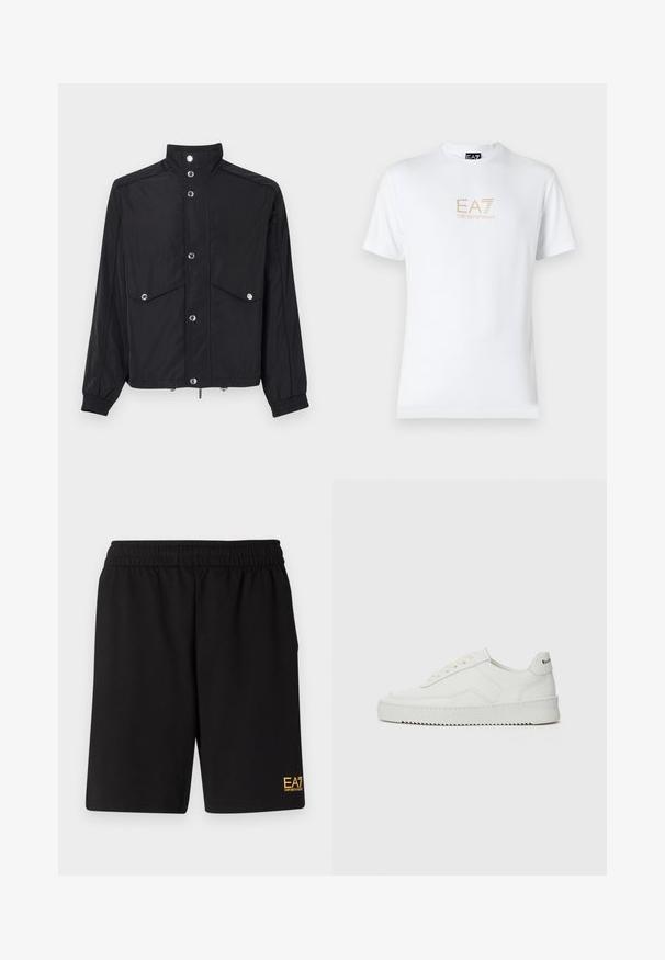 Μαύρο μπουφάν από γυαλιστερό ύφασμα, με όρθιο γιακά, δύο μπροστινές τσέπες, κούμπωμα με κουμπιά και ελαστικούς καρπούς. Ασημένια μεταλλικά στοιχεία.; Λευκό βαμβακερό t-shirt με στρογγυλή λαιμόκοψη και κοντά μανίκια, με χρυσό λογότυπο EA7 Emporio Armani τυπωμένο μπροστά.; Μαύρες αθλητικές βερμούδες από μαλακό ύφασμα, με ελαστική μέση και μικρό λογότυπο EA7 στο κάτω αριστερό πόδι.; Λευκό δερμάτινο sneakers με λείο φινίρισμα, στρογγυλή μύτη, επίπεδα κορδόνια και υφή στην σόλα. Φέρει μια διακριτική λογότυπο στη φτέρνα.