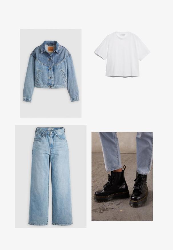 Heled sinine teksajakk, millel on krae, nööpkinnitus, rinna tasku ja kergelt lühiülikond. Märgatav pleekimine ja kulumine.; Valge puuvillane T-särk lühikeste varrukatega, ümar kaelus, vaba lõige ning ilma nähtavate mustrite või graafikateta. Sile tekstuur ja lihtne disain.; Heledad sinine laiad teksad kõrge vöökoha ja denim kangast. Omab klassikalist viit taskut ja metallist sulgureid.; Mustad mustad nahast pahkluu saapad, jämeda tallaga, ümarate varvastega, lindipaeladega, kollaste õmblustega ja seljaosas tõmbetabiga.