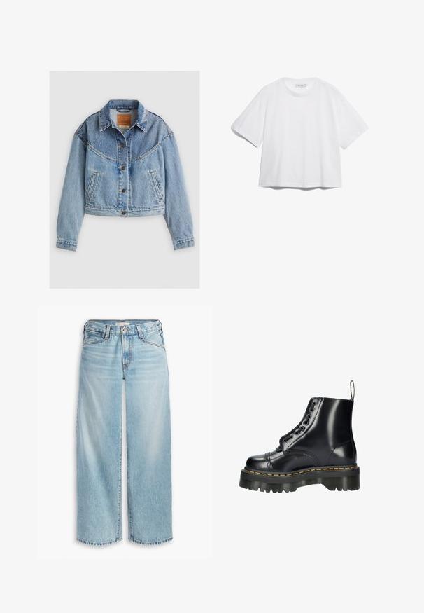 Ανοιχτό μπλε τζιν μπουφάν με γιακά, κούμπωμα με κουμπιά, τσέπη στο στήθος και ελαφρώς κοντή εφαρμογή. Σημαντική φθορά και αυλακώσεις.; Λευκό βαμβακερό t-shirt με κοντά μανίκια, στρογγυλή λαιμόκοψη, χαλαρή εφαρμογή και χωρίς ορατά σχέδια ή γραφικά. Λείο υφασμάτινο στρώμα και απλός σχεδιασμός.; Ανοιχτό μπλε τζιν παντελόνι σε φαρδιά γραμμή, φτιαγμένο από τζιν ύφασμα, με ψηλή μέση, κλείσιμο με κουμπιά και τελειώματα με ξέφτια. Ορατές ραφές και τσέπες.; Μαύρο δερμάτινο μποτάκι μέχρι τον αστράγαλο με χοντρό πέλμα, διαθέτει διακοσμητικά κορδόνια, κίτρινο ραμμένο φύλλο και λουρί για το τράβηγμα στη φτέρνα.