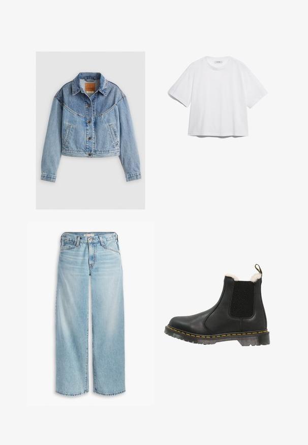 Šviesiai mėlynas džinsinis švarkas su apykakle, mygtukų uždarymu, krūtinės kišene ir šiek tiek sutrumpintu siluetu. Akivaizdus blukimas ir šviesinimas.; Balta medvilninė marškinėliai su trumpomis rankovėmis, apvaliu iškirpimu, laisvu siluetu ir be matomų raštų ar grafikų. Lygus paviršius ir paprastas dizainas.; Šviesiai mėlynų džinsų plačiomis kojomis, pagamintų iš džinsinio audinio, su aukštu liemeniu, mygtukų užtrauktuku ir nupjautais kraštais. Matomi siūlai ir kišenės.; Juodų odinių kulkšninių botų su tekstūruotomis šoninėmis panelėmis, minkšta balta dirbtinės kailio pamušalu, geltonomis siūlėmis ir tvirtu guminio pado.