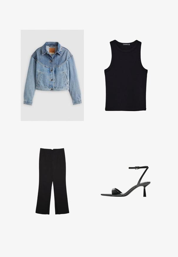 Svijetloplava traper jakna s ovratnikom, zatvaranjem na gumbe, džepom na prsima i lagano skraćenim krojem. Primjetno izblijeđena i s efektom prašine.; Crni top bez rukava od pamuka, s okruglim izrezom i širokim izrezima za ruke. Glatka tekstura s ušivenim rubovima. Klasičan, minimalistički dizajn.; Crne hlače ravnog kroja, s prednjim džepovima i bočnim prorezima na rubu. Izrađene od mekog i glatkog materijala. Pogodne za razne prigode.; Bershka Sandale s visokom petom - black