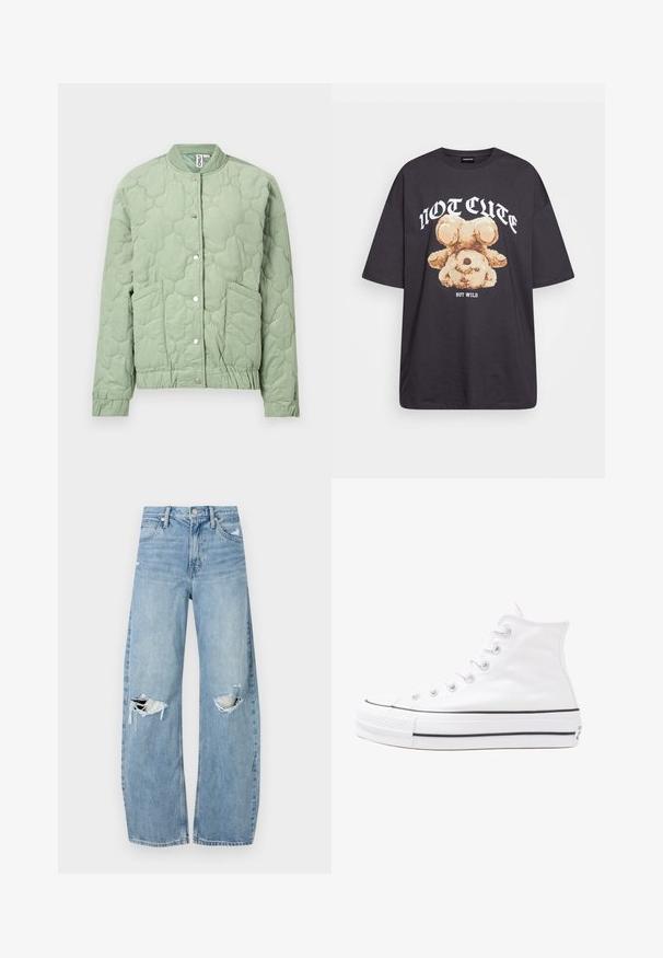 Jachetă bomber matlasată în verde deschis, cu guler rotund, închidere cu capse, două buzunare în față și manșete și tiv elastic.; Tricou oversized negru featuring un grafic cu un urs și textul „NU E DRĂGUȚ DAR SUNT SĂLBATIC” în litere albe, îndrăznețe. Material din bumbac.; Jeans de denim, de un bleu deschis, cu talie înaltă. Au picioare late, două zone rupte la genunchi și un stil clasic cu cinci buzunare.; Adidași albi tip pantofi sport cu glezna din pânză, cu talpă din cauciuc negru, capac de vârf din cauciuc frontal și șase ochiuri pentru șireturi, având un design curat și minimalist.