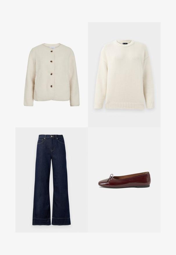 Fleeces jakas off-white krāsā ar apaļu kakla izgriezumu, četriem brūniem pogām un garām piedurknēm ar mīkstu teksturētu apdari.; Gaišas krēmkrāsas adīts džemperis ar apaļu kaklu, ribotām piedurknēm un apakšmalu. Iezīmējas ar teksturētu rakstu un nokritušām plecu šuvēm, nodrošinot brīvu piegriezumu.; Tumši zilas platās kājas džinsi, izgatavoti no denima. Iekļauj pogu aizdari, šuvju detaļas un sānu kabatas. Paplašināts apakšmalas dizains.; Burgundijas laku ādas baleta kurpes ar noapaļotu purngalu, nelielu loku akcentu priekšā un zemu melnu gumijas zoli. Gluda tekstūra.