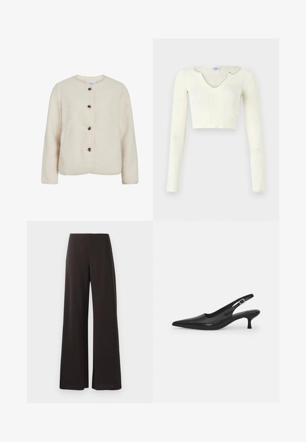 Jachetă din fleece de culoare albă, cu guler rotund, patru nasturi maro și mâneci lungi cu o textură moale.; Top scurt din material tricotat de culoare albă murdară. Mâneci lungi cu textură cu rigle și mici decupaje în jurul gâtului.; Pantaloni negri cu picioare largi, dintr-un material fin și elastic. Au o talie înaltă și un design curat, minimalist, fără închideri vizibile.; Sandal din piele neagră, cu vârf ascuțit și toc subțire, curbat. Are o curea ajustabilă discretă, cu o cataramă din metal.