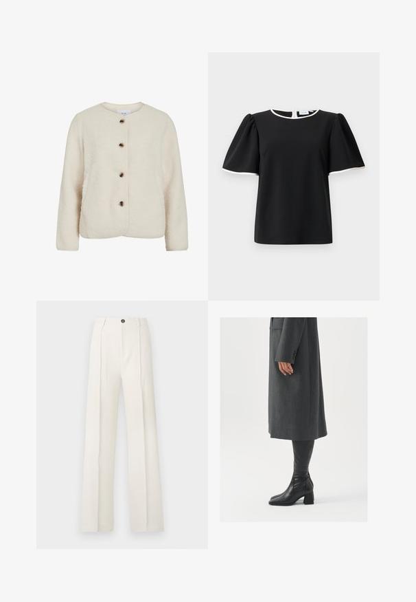 Fleecejack in off-white, met een ronde halslijn, vier bruine knopen en lange mouwen met een zachte, gestructureerde afwerking.; Zwarte blouse met korte mouwen, opgeblazen mouwen en witte bies op de halslijn en randen van de mouwen, met een sluiting met knopen aan de achterkant.; Witte, wijde broek met hoge taille, voorzien van twee voorplooien, een enkel knoopsluiting en zakken. Gladde stofstructuur.; Grijze, op maat gemaakte overjas met een rechte snit; gecombineerd met kniehoge zwarte leren laarzen met een vierkante neus en chunkyerand.