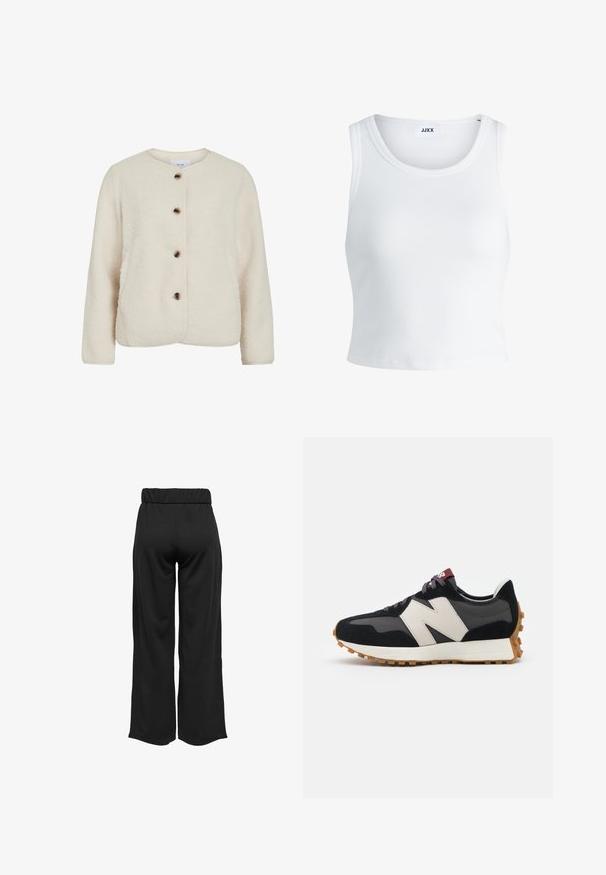 Giacca in pile di colore bianco sporco, con scollatura rotonda, quattro bottoni marroni e maniche lunghe con una finitura morbida e testurizzata.; Canottiera bianca a coste con scollatura rotonda, senza maniche e lunghezza cropped. Etichetta con la scritta "JJXX". Tessuto di texture liscia.; Pantaloni neri a gamba larga con cintura elastica, realizzati in tessuto liscio. Presentano un design pulito senza tasche o dettagli di cucitura visibili.; Sneaker in suede nero e grigio con un grande logo "N" color crema, lacci viola e una suola esterna in gomma gommosa texturizzata.