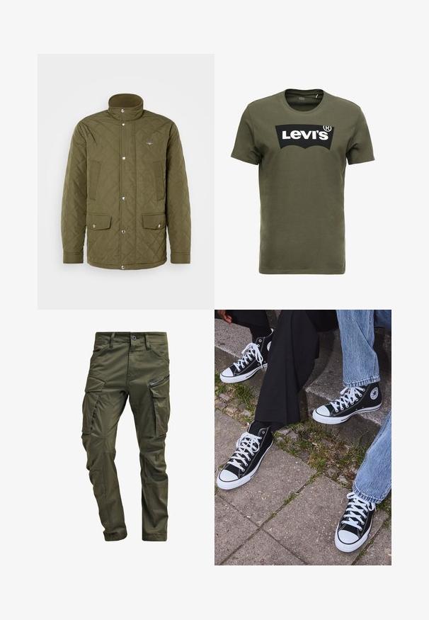 Olivza zašūta jaka ar augsto apkakli, pogām ar spiedpogām un divām priekšējām kabatām. Audumam ir gluda tekstūra ar dimanta raksta šuvēm.; Olīvu zaļš kokvilnas T-krekls ar lielu melnu Levi's logo priekšpusē. Klasisks apaļais kakls un īsas piedurknes, gluda tekstūra.; Olīvu zaļi kravas bikses, izgatavotas no izturīgas kokvilnas. Iespēj multiple kabatas, ar rāvējslēdzēju sānu kabatu un sašaurinātiem kāju galiem ar nedaudz teksturētu apdari.; Melni augstie kanvas sporta apavi ar baltām gumijas zolemi un šņorēm, ar apļa logotipu sānos, kombinēti ar džinsu un melnām biksēm.