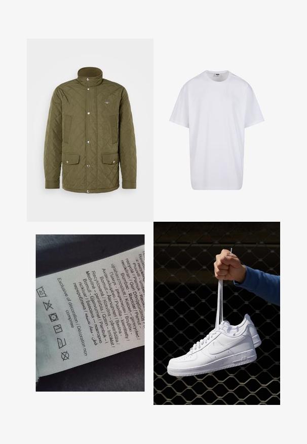 Chaqueta acolchada verde olivo con un cuello alto, botones a presión y dos bolsillos delanteros. La tela tiene una textura suave con un patrón de costura en forma de diamante.; Camiseta blanca de algodón con mangas cortas, cuello redondo, corte relajado y sin logotipos ni patrones visibles. Textura suave y diseño minimalista.; Etiqueta con texto en varios idiomas, símbolos de cuidado e iconos de reciclaje, impresa en un material suave tipo tela de color claro.; Zapatillas de cuero blanco con perforaciones, punta redonda, suela plana y cordones gruesos, con un logo de swoosh visible y "AIR" en el talón.