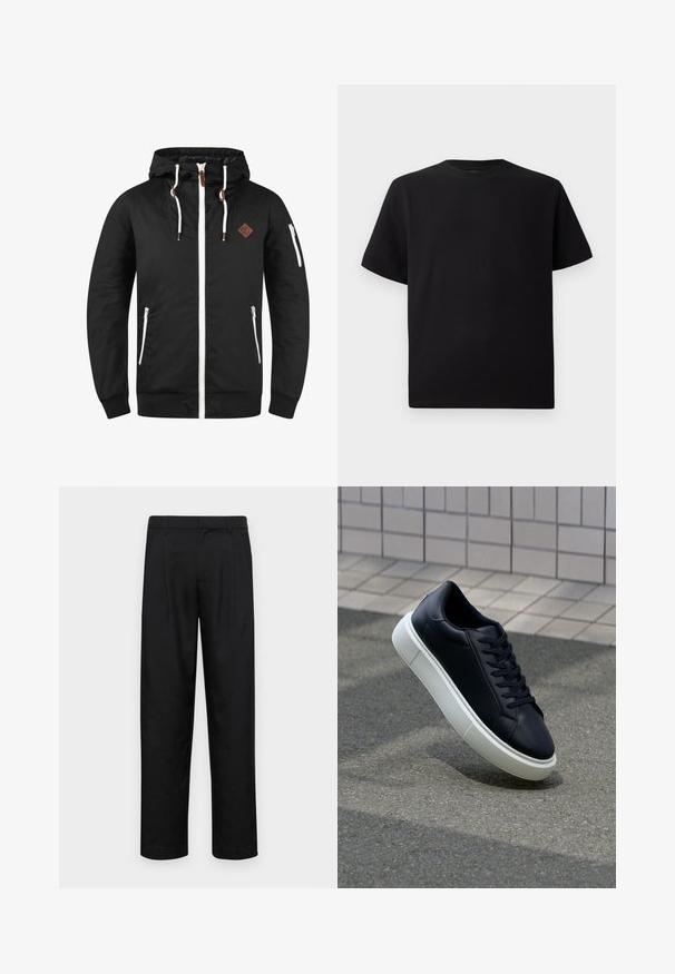 Black lightweight jacket with a zippered front, adjustable hood, white accents, side pockets, and a brown leather logo patch.; Black short-sleeve T-shirt made of textured fabric, featuring a round neckline and a relaxed fit. Simple, no patterns or accents.; Black trousers made of smooth fabric, featuring a straight-leg design, two front pleats, and standard waistband with belt loops.; Black leather sneaker with rounded toe and white rubber sole. Features flat laces and minimal stitching on the upper. Textured sole for grip.