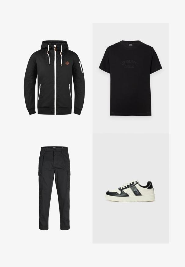 Crna lagana jakna s patentnim zatvaračem, podesivim kapuljačom, bijelim detaljima, bočnim džepovima i smeškastom kožnom oznakom.; Crna pamučna majica s kratkim rukavima i okruglim izrezom. Na prednjoj strani se ističe natpis "ORIGINALS Studio" u toniranim slovima.; Crne cargo hlače izrađene od čvrstog materijala, s brojnim džepovima, kopčanjem na gumb i dizajnom koji pomaže da se prilagode tijelu sa suženim nogavicama.; Kožne tenisice s crno-bijelom paletom boja, koje imaju perforirane akcentne detalje, podstavljeni ovratnik i teksturiranu potplat.