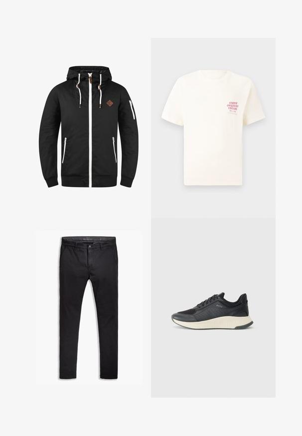 Černá lehká bunda se zipem vpředu, nastavitelnou kapucí, bílými akcenty, bočními kapsami a hnědou koženou nášivkou.; Bílý krátký rukávový tričko s červeným textem "Studio Originals Edition" na levé hrudi, vystavené na neutrálním šedém pozadí.; Černé bavlněné chinos kalhoty s tapered střihem, vybavené pěti kapsami, poutky na opasek a hladkým povrchem. Zapínání na zip s knoflíkovým uzávěrem.; Černá sportovní teniska s mřížkovou svrchní částí s perforacemi, texturovanou mezipodešví v krémové barvě a gumovou podešví pro lepší trakci.