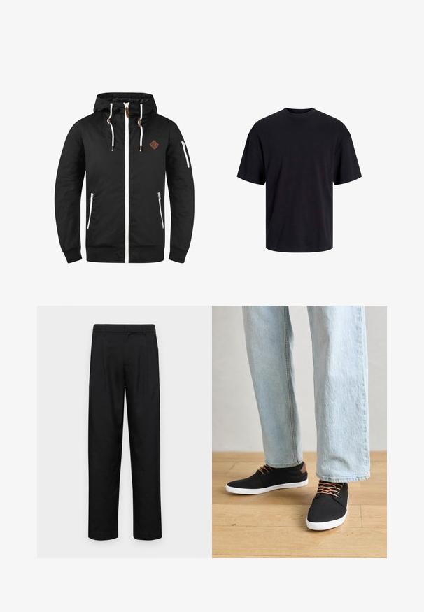 Black lightweight jacket with a zippered front, adjustable hood, white accents, side pockets, and a brown leather logo patch.; Black cotton t-shirt with a crew neckline, short sleeves, and a relaxed fit. Smooth texture and no visible patterns or accents.; Black trousers made of smooth fabric, featuring a straight-leg design, two front pleats, and standard waistband with belt loops.; Black canvas sneakers with brown accents, white rubber soles, and brown laces, paired with light blue straight-leg jeans. Wood floor background.
