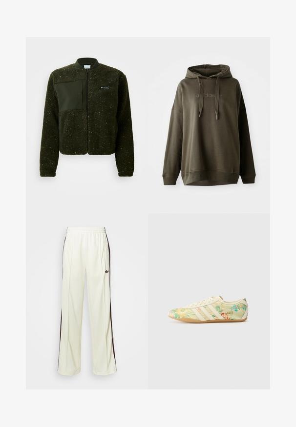 Groene fleecejack met rits aan de voorkant, geribbelde kraag en een textuurafwerking met een vlakke stoffen patch en logo op de borst.; Donkergroene hoodie van een zachte katoenmix, met een voorzak in kangoeroestijl, een trekkoordkap en een reliëflogo op de borst.; Crème-kleurige sweatpants met een relaxte pasvorm, voorzien van donkerbruine zijstrepen en een geborduurd logo op de linkerdij.; adidas Originals TOKYO X LIBERTY LONDON - Sneakers laag - cream white/gold-coloured/gum